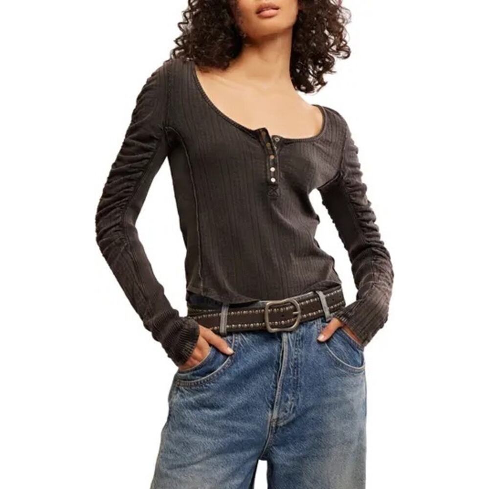 Free People We The Free Hope Henley Ruched Sleeve Washed Black Top Womens Size S - Picture 11 of 11